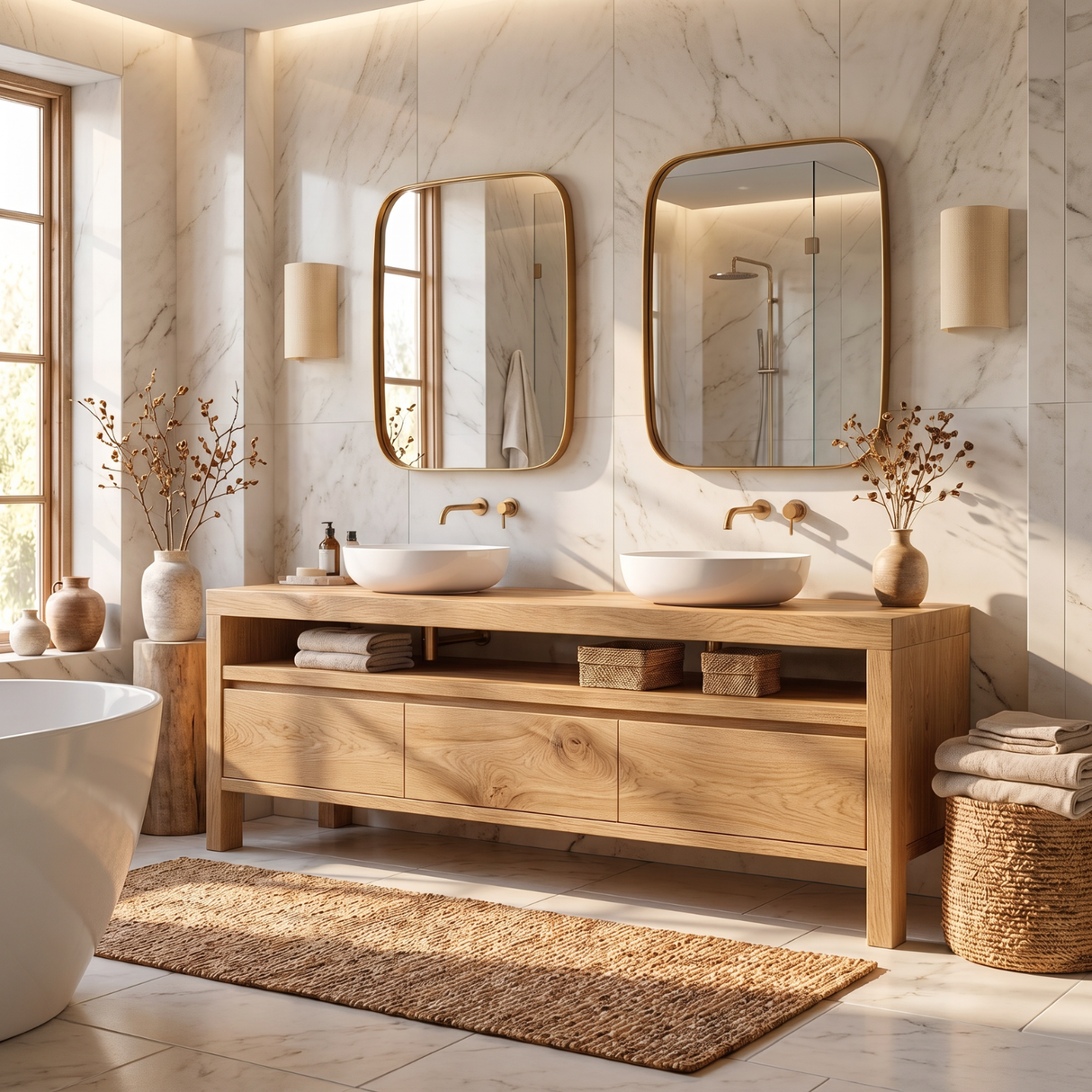 Bathroom Vanity Solid Wood with Double Sink and Open Shelf Storage for Lodge Bathroom