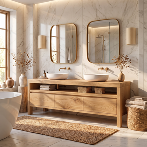 Bathroom Vanity Solid Wood with Double Sink and Open Shelf Storage for Lodge Bathroom