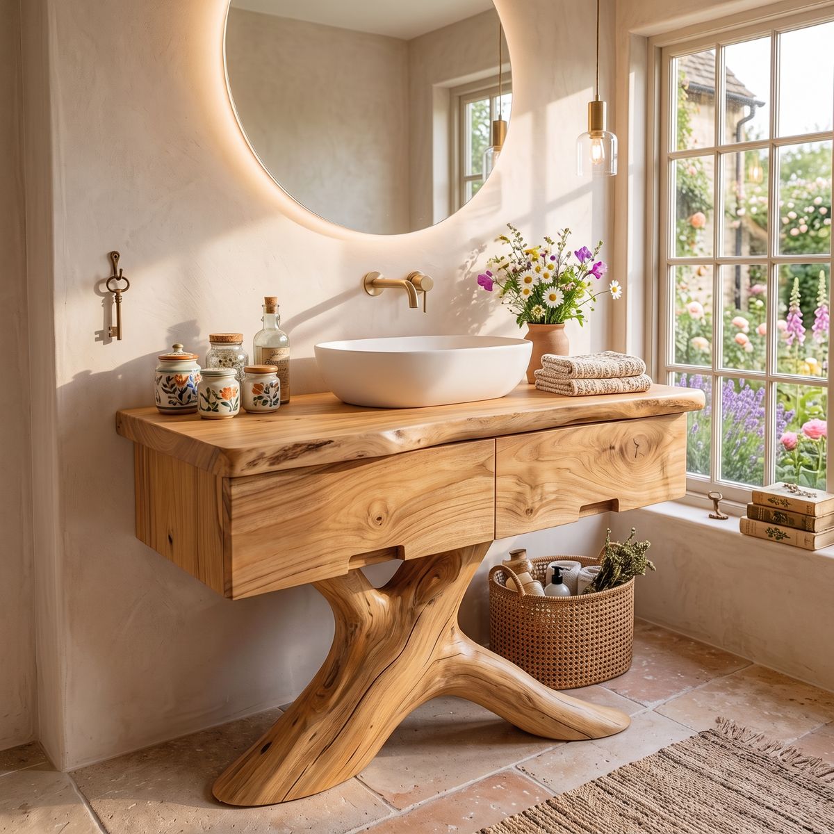 Bathroom Vanity Solid Wood with Root Pedestal and Drawer Storage