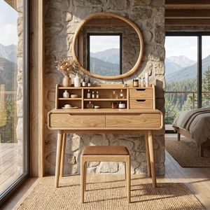 Solid Wood Vanity Table with Organizer Hutch, Drawer Storage, and Tapered Legs