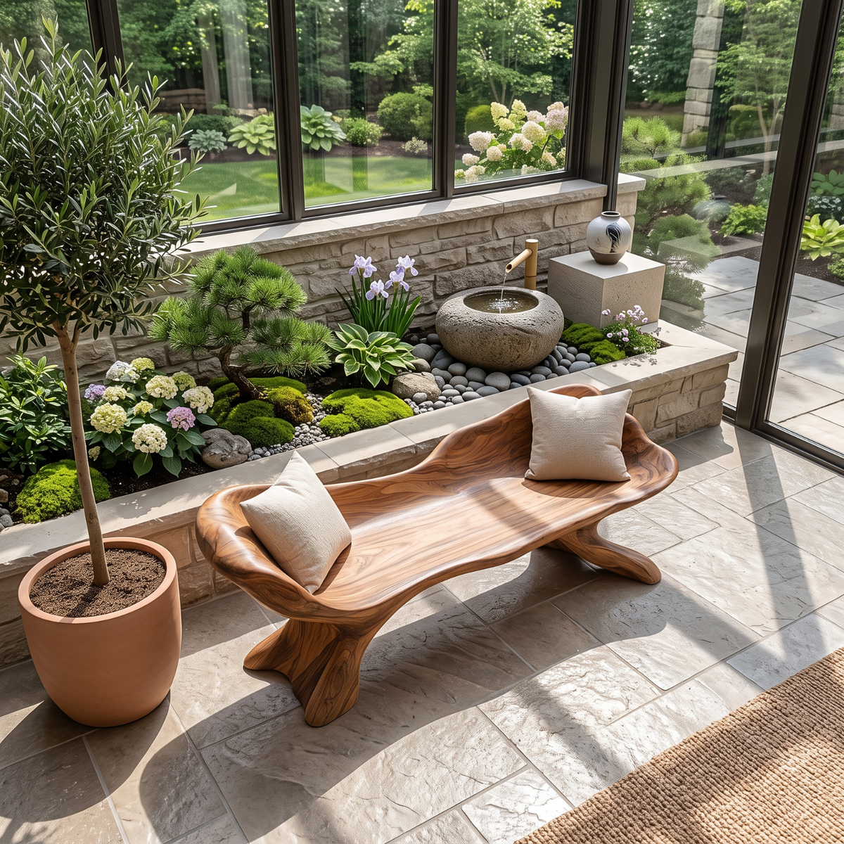 Curved Solid Wood Outdoor Bench with Sculptural Wing Backrest