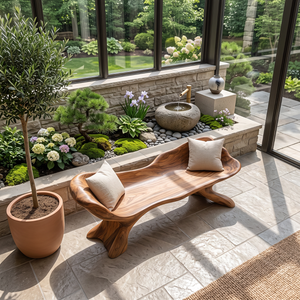 Curved Solid Wood Outdoor Bench with Sculptural Wing Backrest