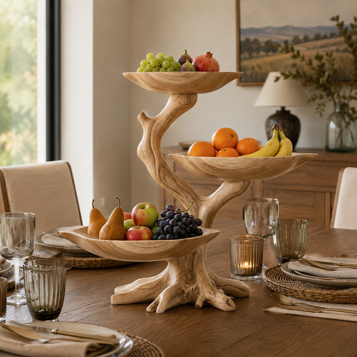 Branching Solid Wood Fruit Bowl Centerpiece with Three Elevated Display Trays