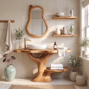 Bathroom Vanity Solid Wood with Tree Form Pedestal and Towel Shelf
