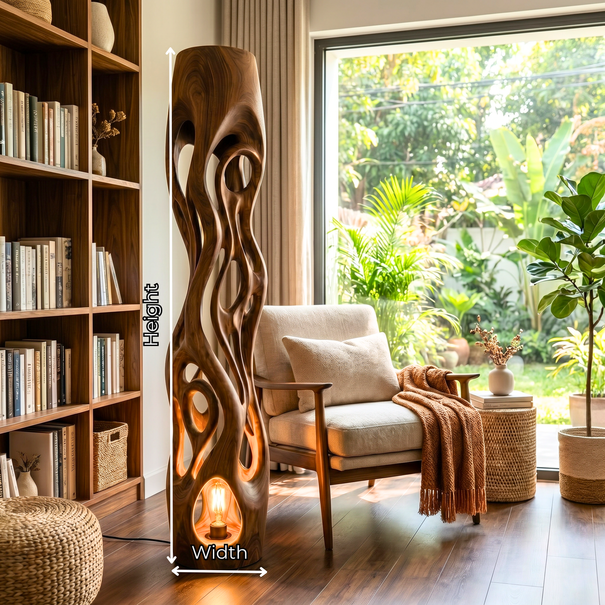 Handcrafted Solid Wood Floor Lamp with Organic Hollow Carved Body