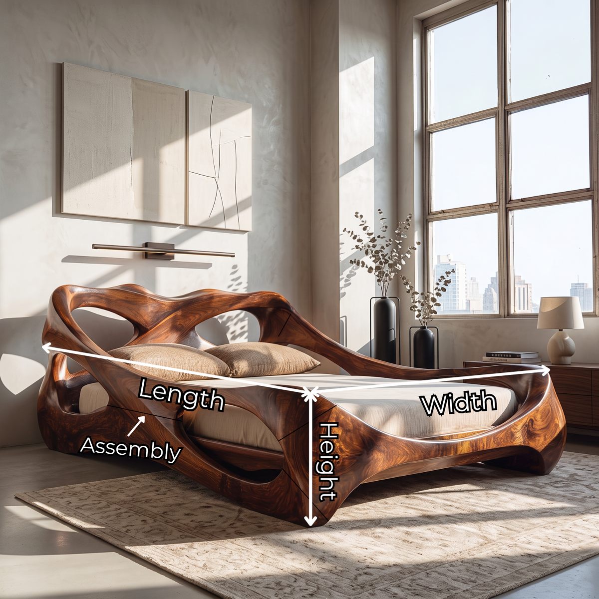 Sculptural Solid Wood Bed Frame with Organic Curved Headboard