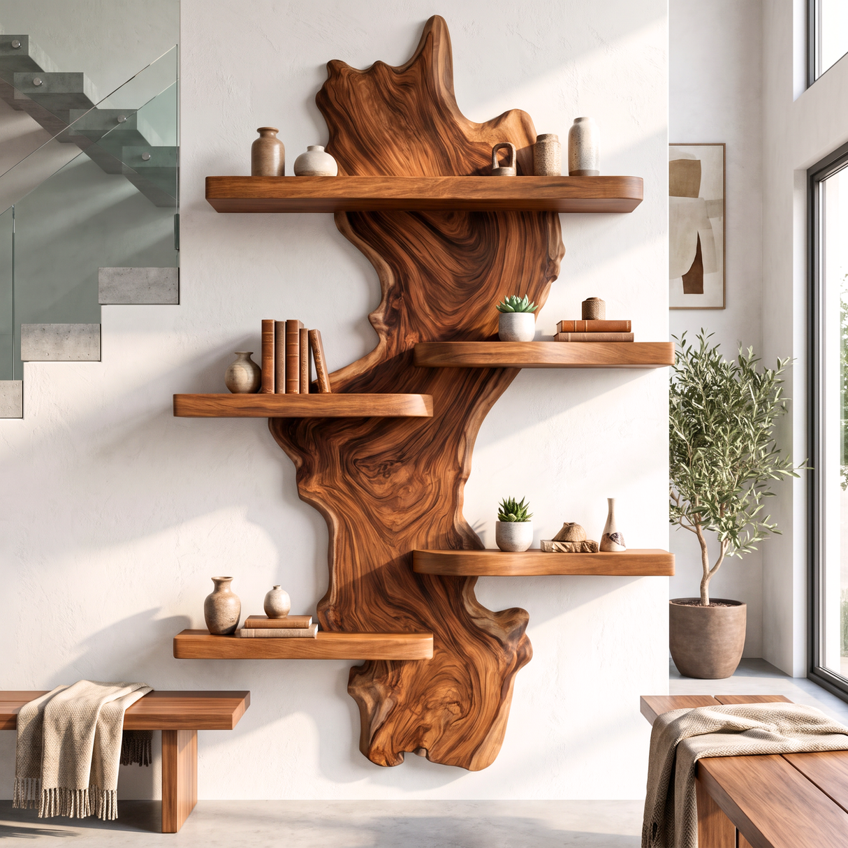 Wall Mounted Wine Rack Solid Wood with Sculptural Live Edge Center and Display Shelves