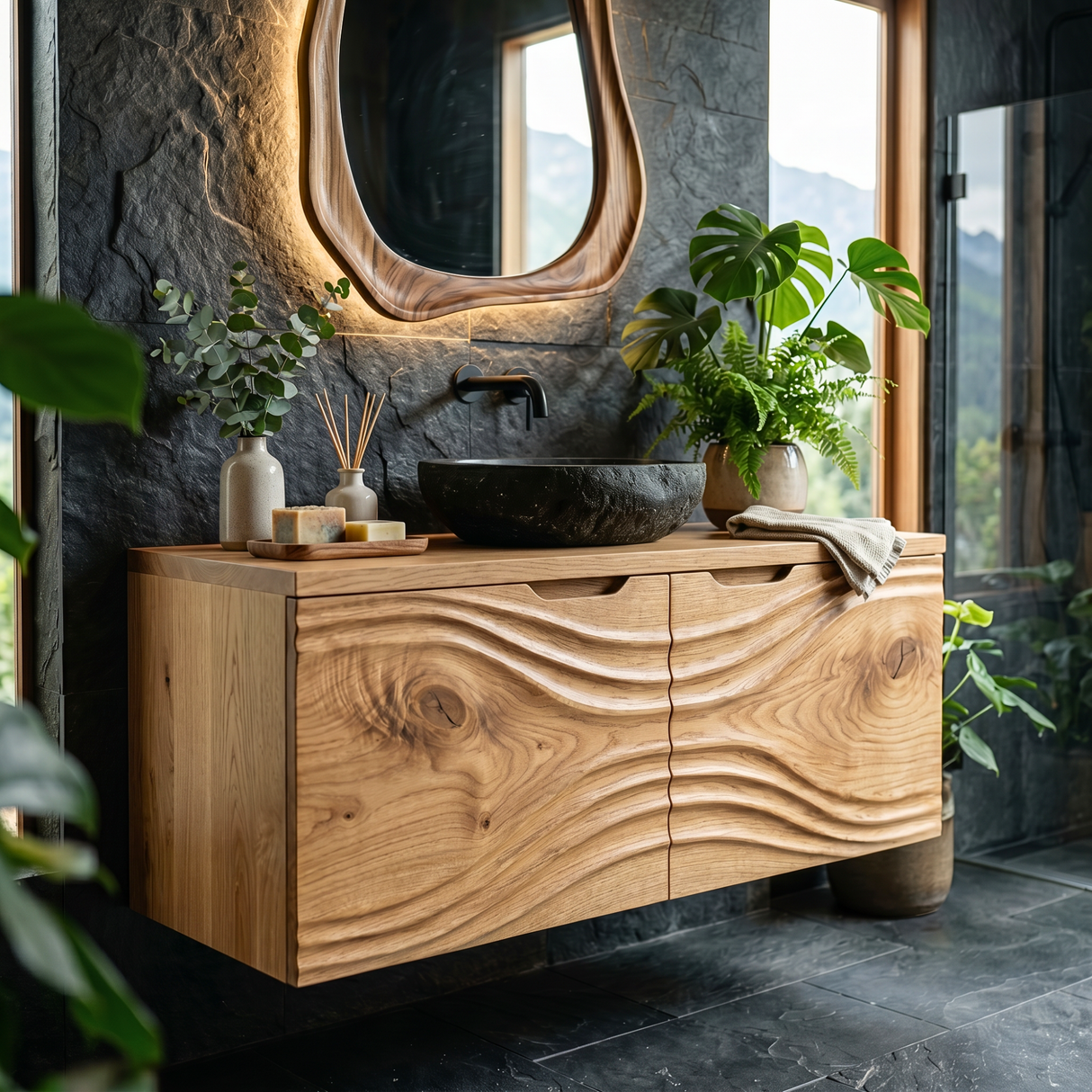 Hand Carved Solid Wood Bathroom Vanity with Flowing Organic Grain Design