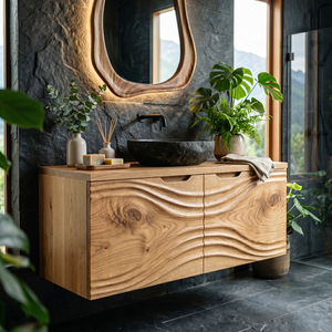 Hand Carved Solid Wood Bathroom Vanity with Flowing Organic Grain Design