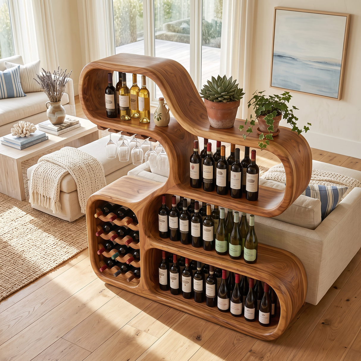 Wine Storage Cabinet Solid Wood with Curved Display Shelves for Home Bar