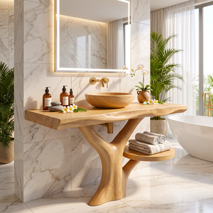 Bathroom Vanity Solid Wood with Tree Inspired Pedestal and Side Shelf for Spa Bathroom