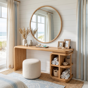 Handmade Solid Wood Vanity Table with Open Cubby Shelves and Waterfall Side