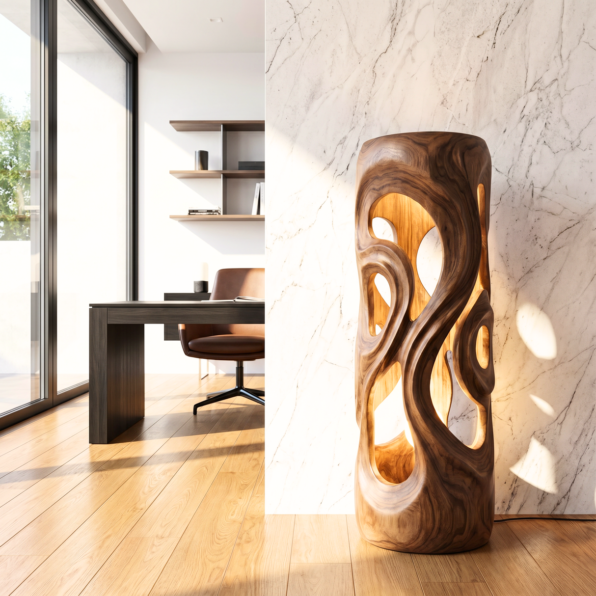 Organic Cutout Wood Floor Lamp with Warm Glow