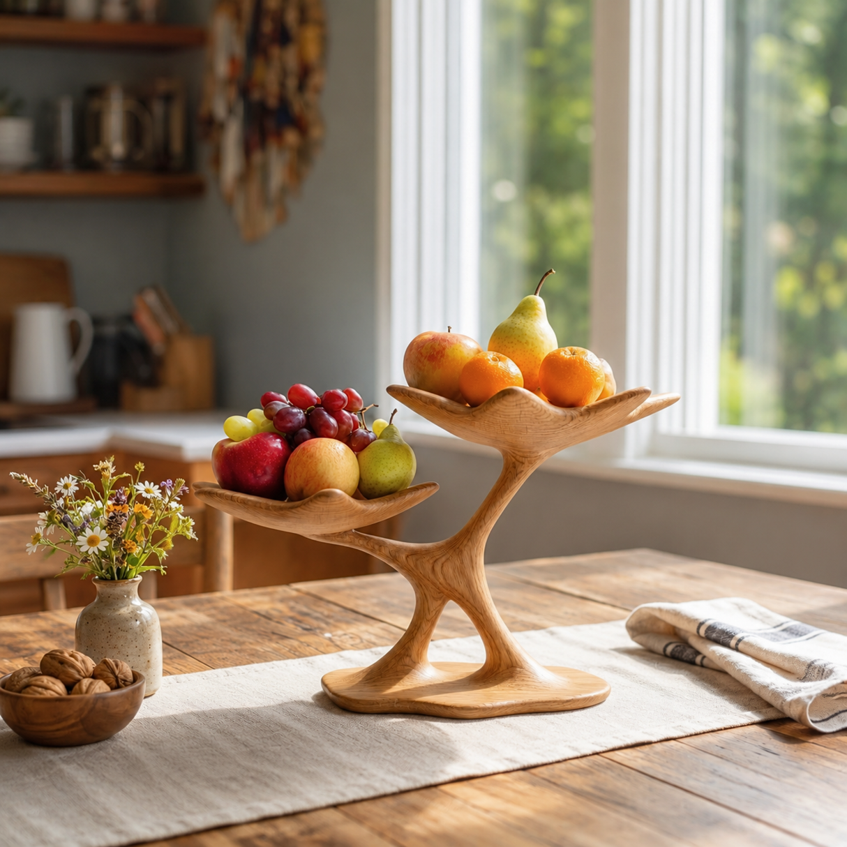 Handcrafted Solid Wood Two-Tier Fruit Bowl with Sculptural Wishbone Branch Stand