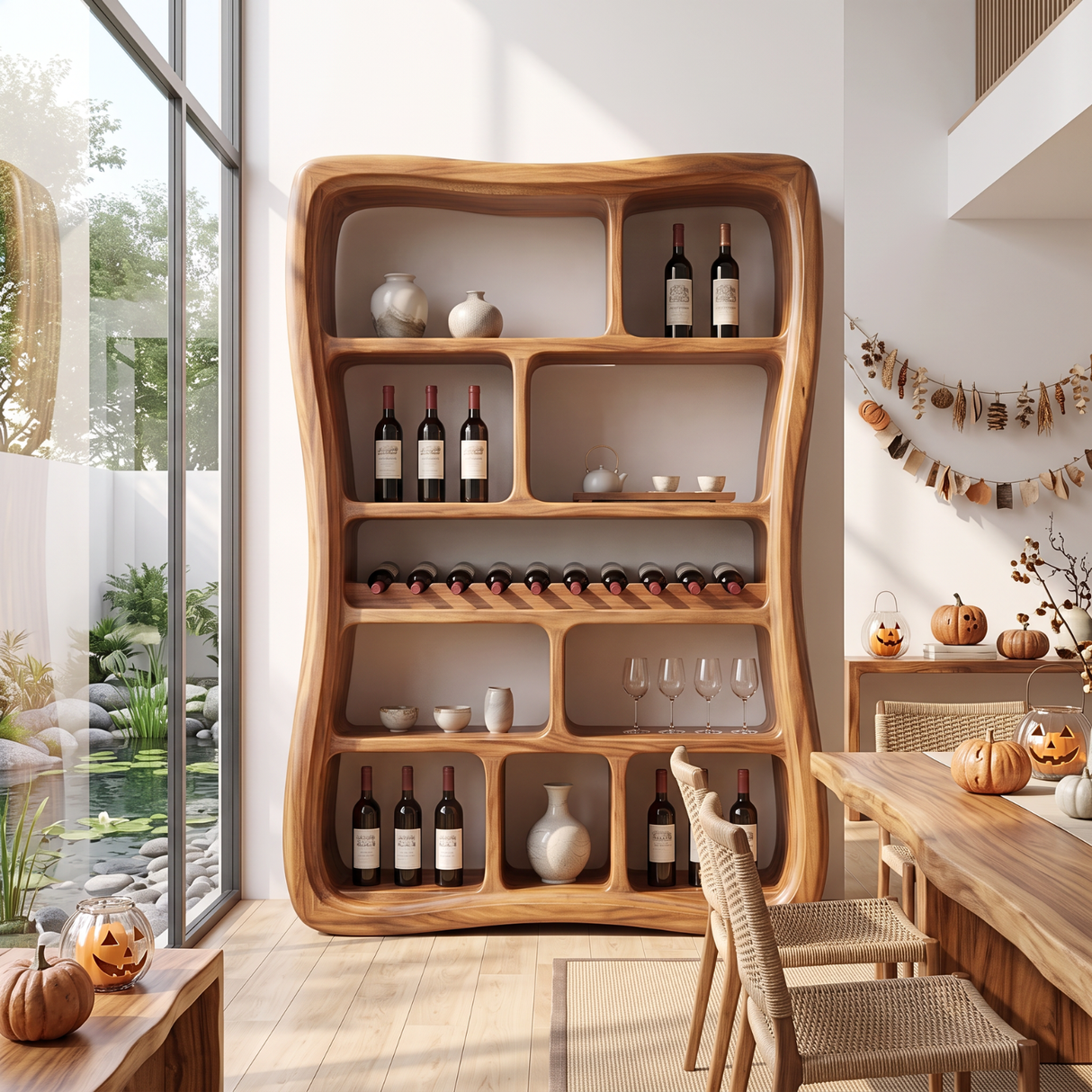 Wine Display Cabinet Solid Wood with Organic Open Compartments for Bar Decor