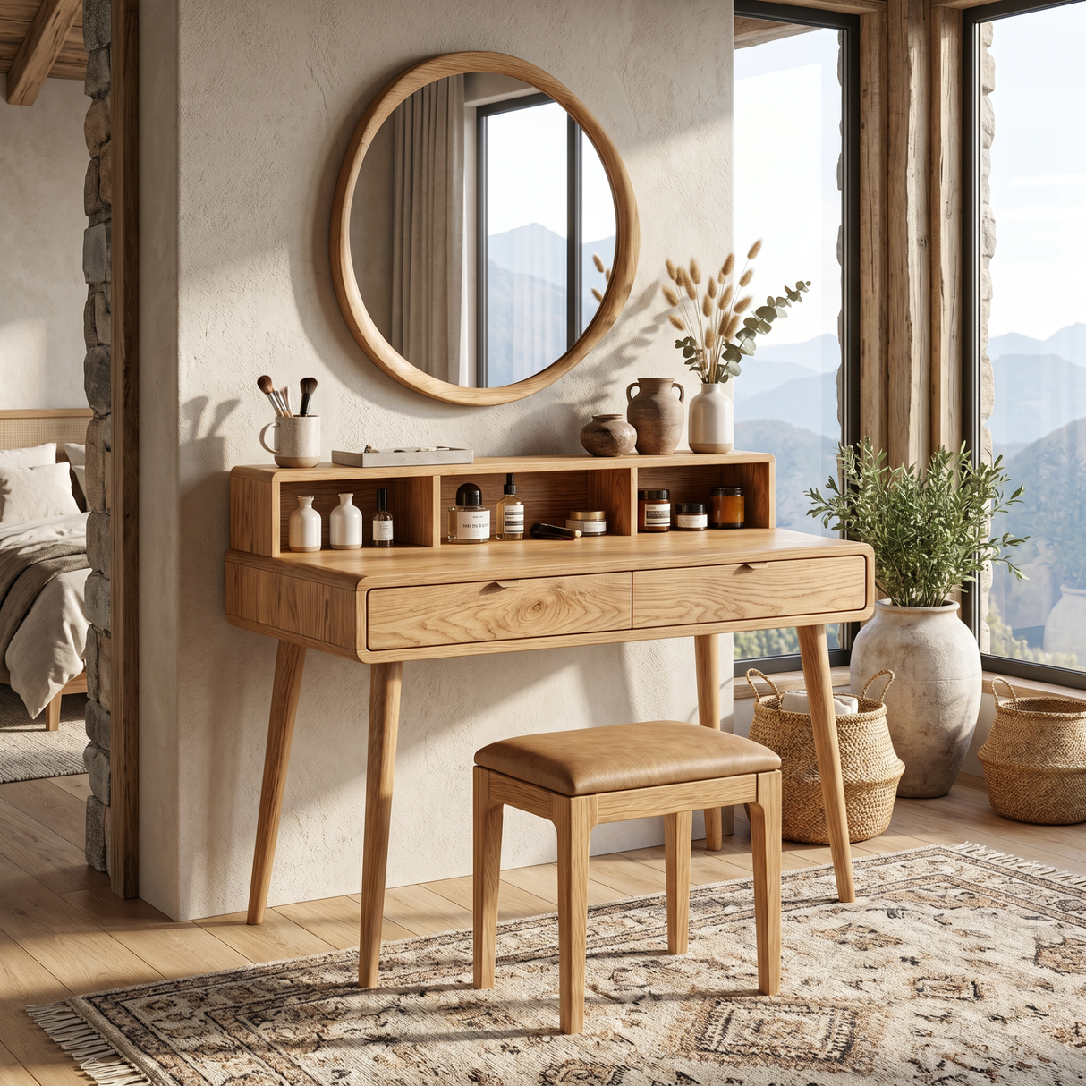 Mid-Century Solid Wood Vanity Desk with Open Hutch Shelf and Dual Drawer Storage