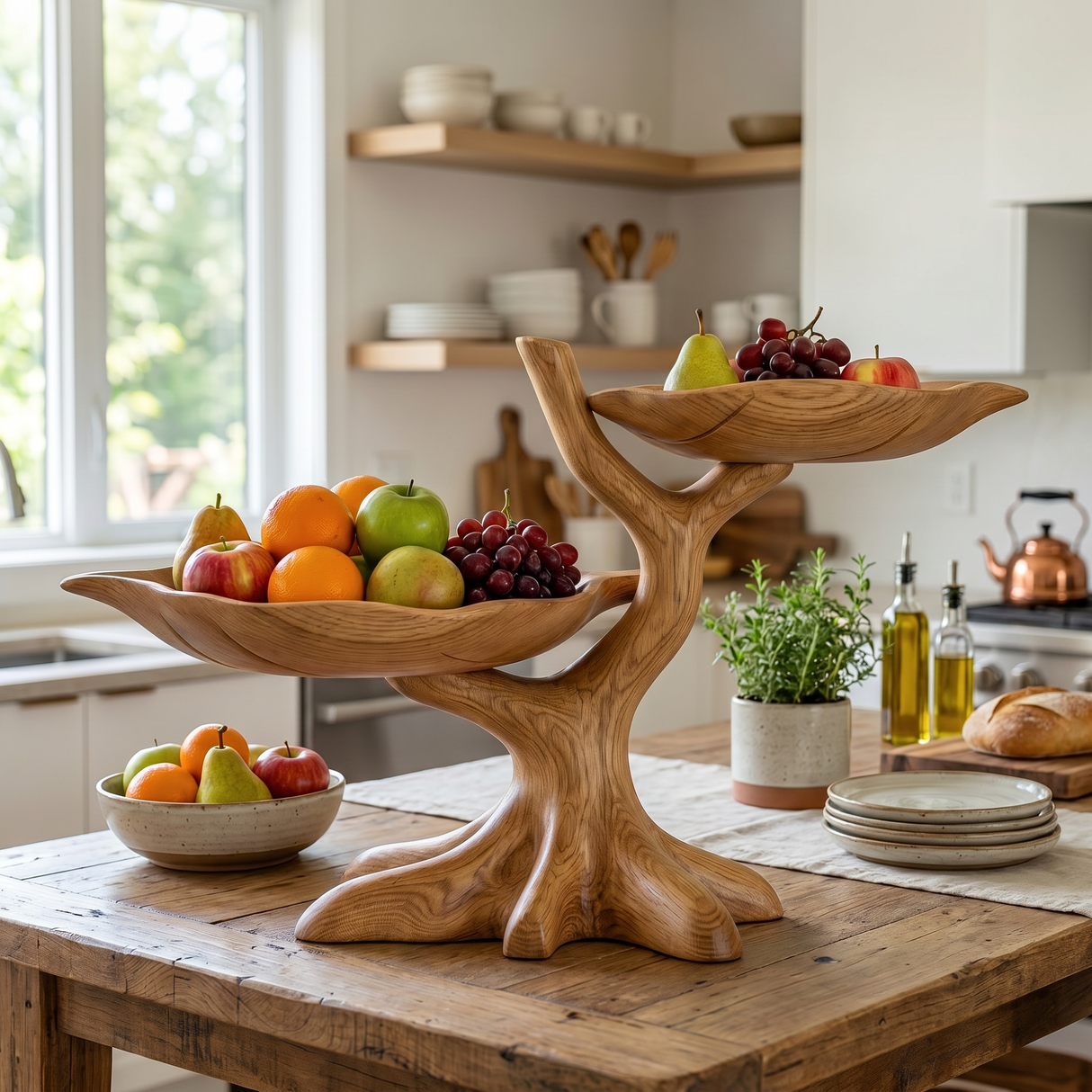 Solid Wood Branch Fruit Bowl Stand with Two Sculptural Display Trays