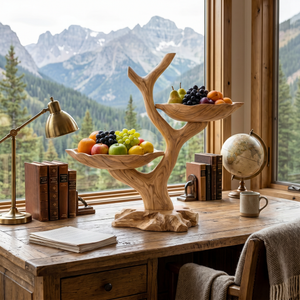 Organic Solid Wood Fruit Display Bowl with Branch Stand and Dual Leaf-Shaped Trays
