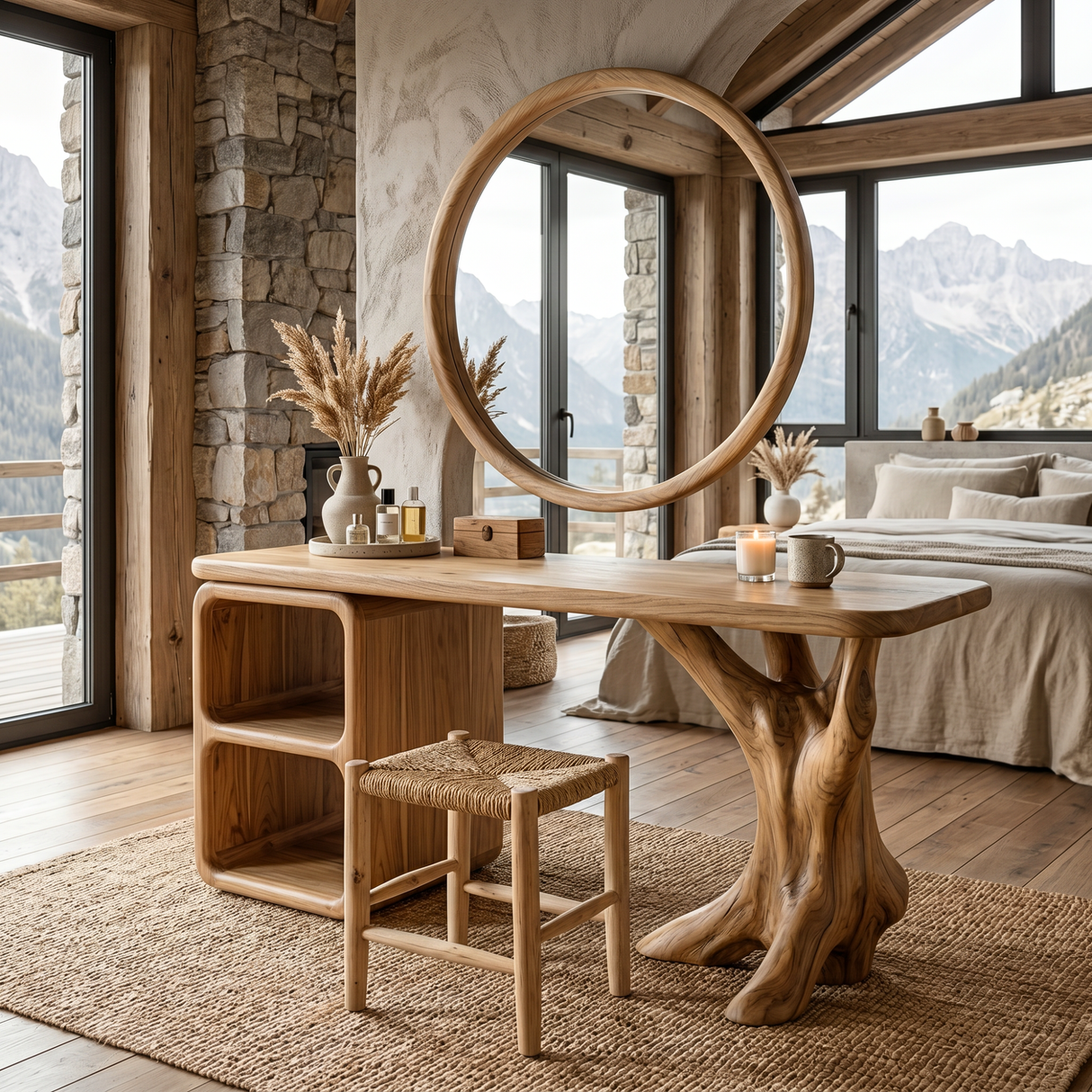 Handcrafted Solid Wood Vanity Table with Sculptural Root Base and Open Shelves