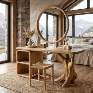 Handcrafted Solid Wood Vanity Table with Sculptural Root Base and Open Shelves