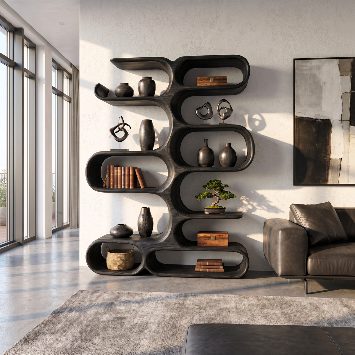 Handcrafted Solid Wood Organic Wall Bookcase with Curved Open Shelves