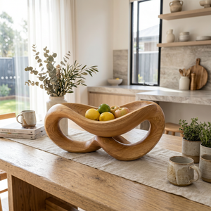 Solid Wood Infinity Curve Fruit Bowl with Open Loop Sculptural Base