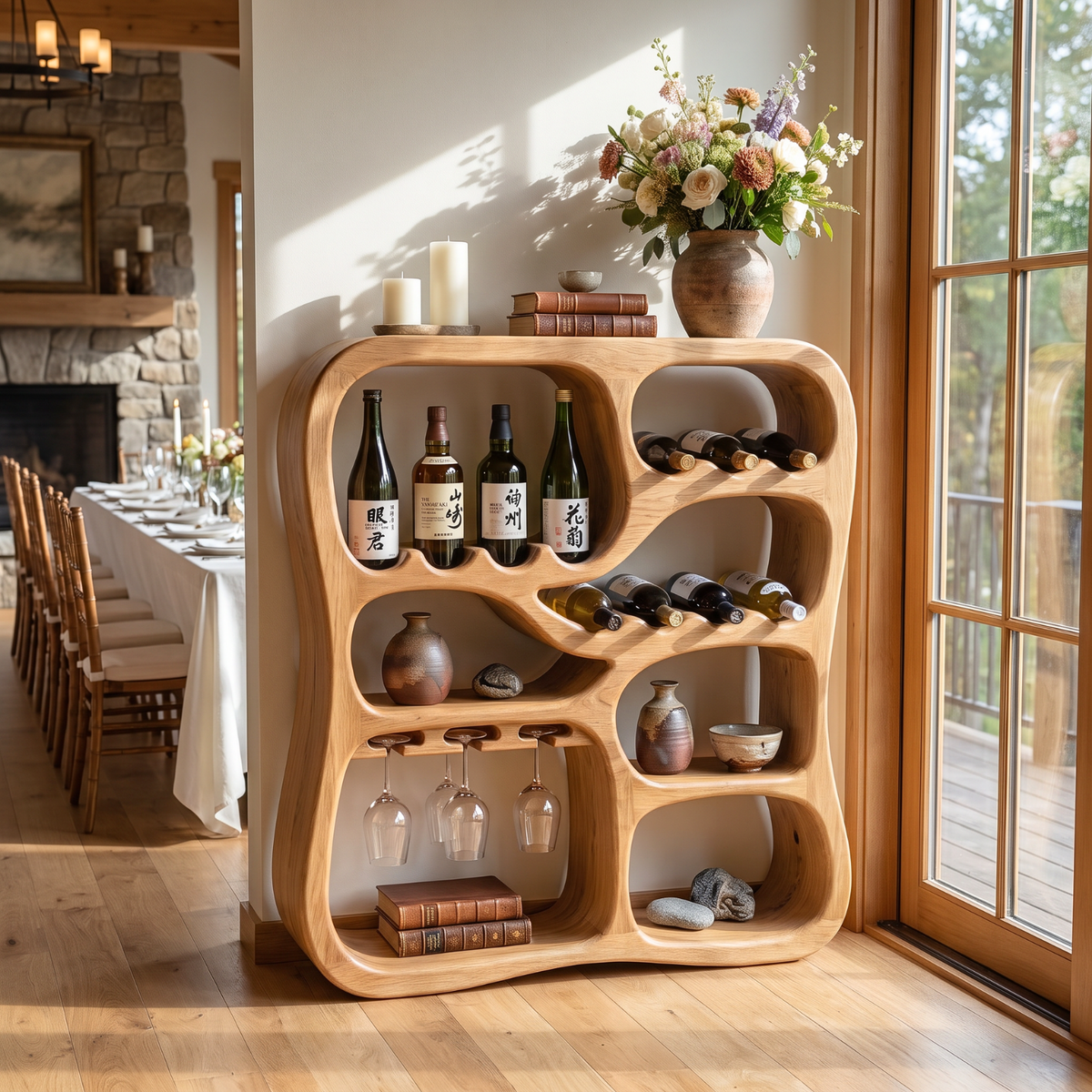 Solid Wood Wine Cabinet with Organic Display Niches and Stemware Rack