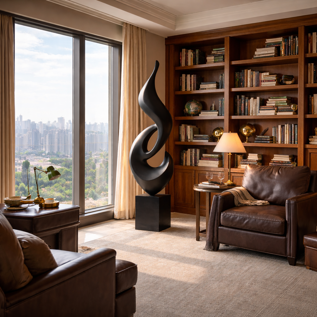 Tall Solid Wood Abstract Flame Floor Sculpture with Plinth for Modern Interiors