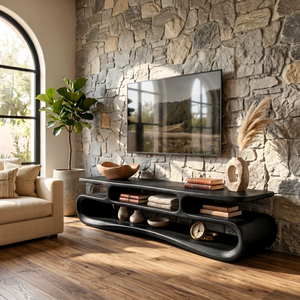 Organic Solid Wood TV Stand with Double Open Wave Shelves