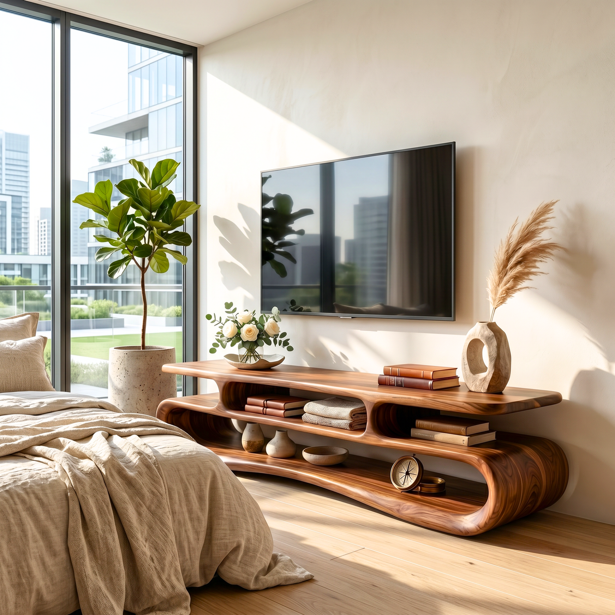 Organic Solid Wood TV Stand with Double Open Wave Shelves
