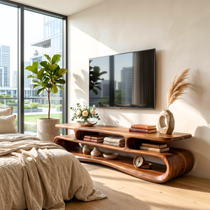 Organic Solid Wood TV Stand with Double Open Wave Shelves