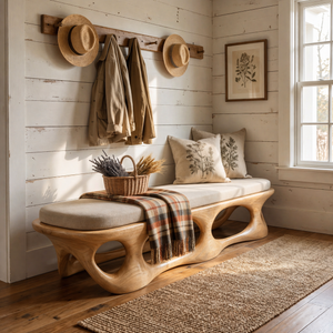 Solid Wood Sculptural Bench with Open Carved Base for Entryway