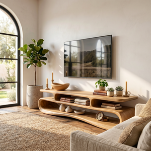 Organic Solid Wood TV Stand with Double Open Wave Shelves