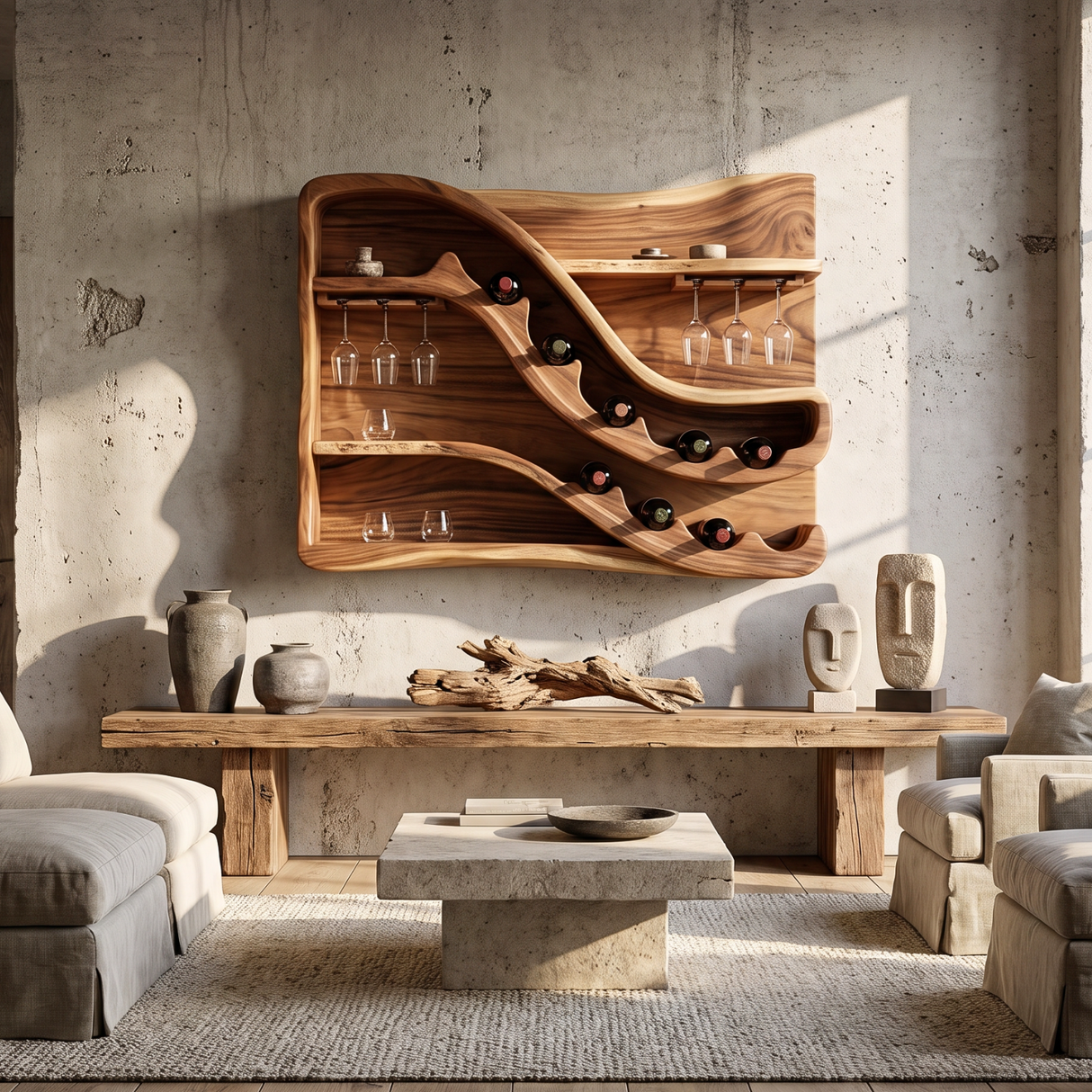 Wall Mounted Wine Rack Solid Wood with Sculptural Wave Shelves