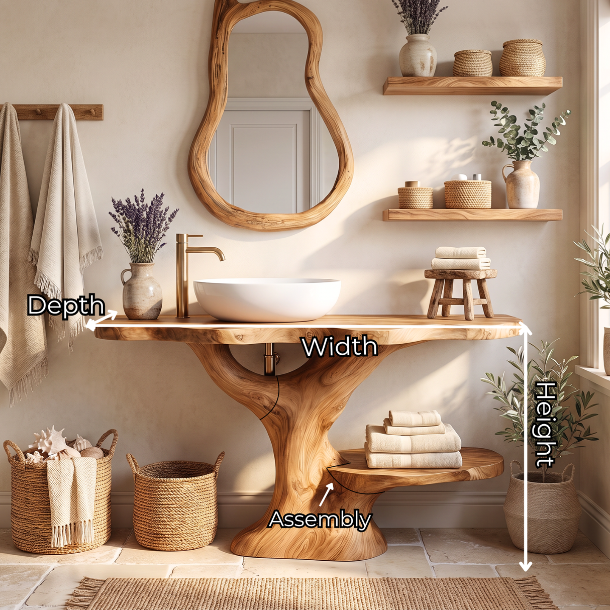 Bathroom Vanity Solid Wood with Tree Form Pedestal and Towel Shelf