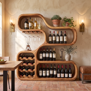 Wine Storage Cabinet Solid Wood with Curved Display Shelves for Home Bar