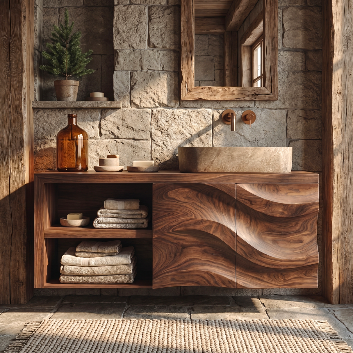 Sculptural Solid Wood Bathroom Vanity Cabinet with Flowing Carved Front