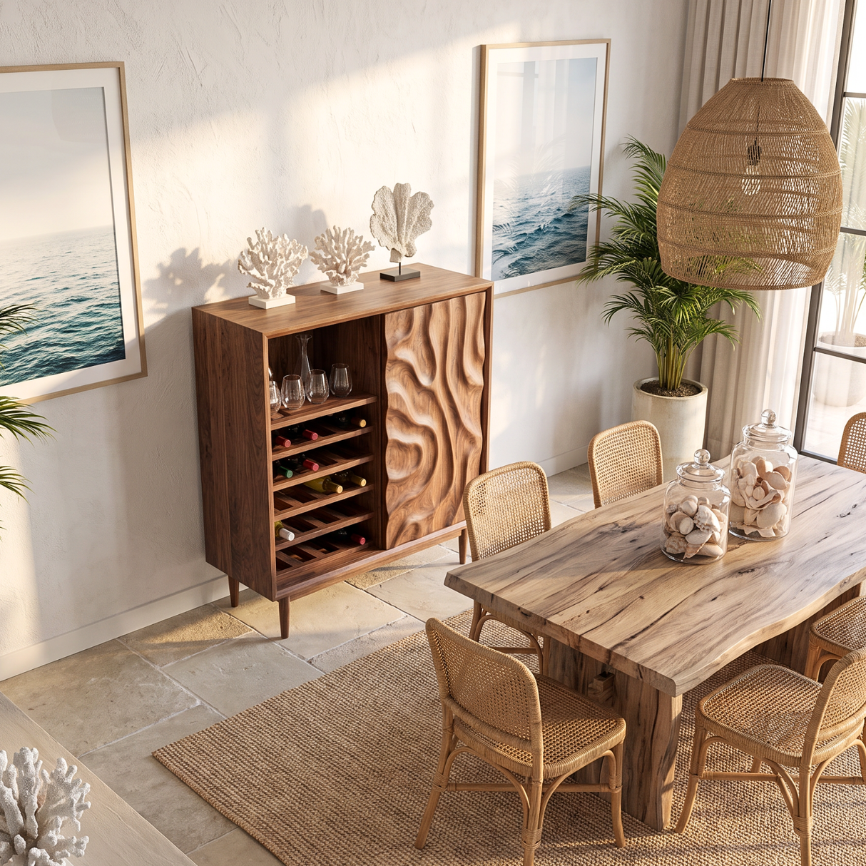 Wine Cabinet Solid Wood with Carved Relief Door and Bottle Shelves for Dining Room