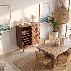Wine Cabinet Solid Wood with Carved Relief Door and Bottle Shelves for Dining Room