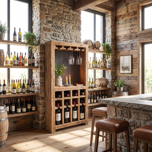 Solid Wood Wine Rack Cabinet with Stemware Holder and Display Shelf
