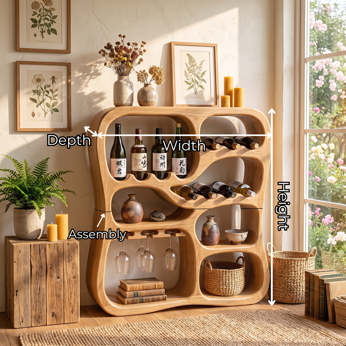 Solid Wood Wine Cabinet with Organic Display Niches and Stemware Rack