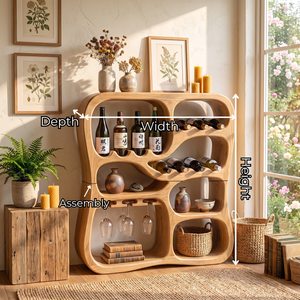 Solid Wood Wine Cabinet with Organic Display Niches and Stemware Rack