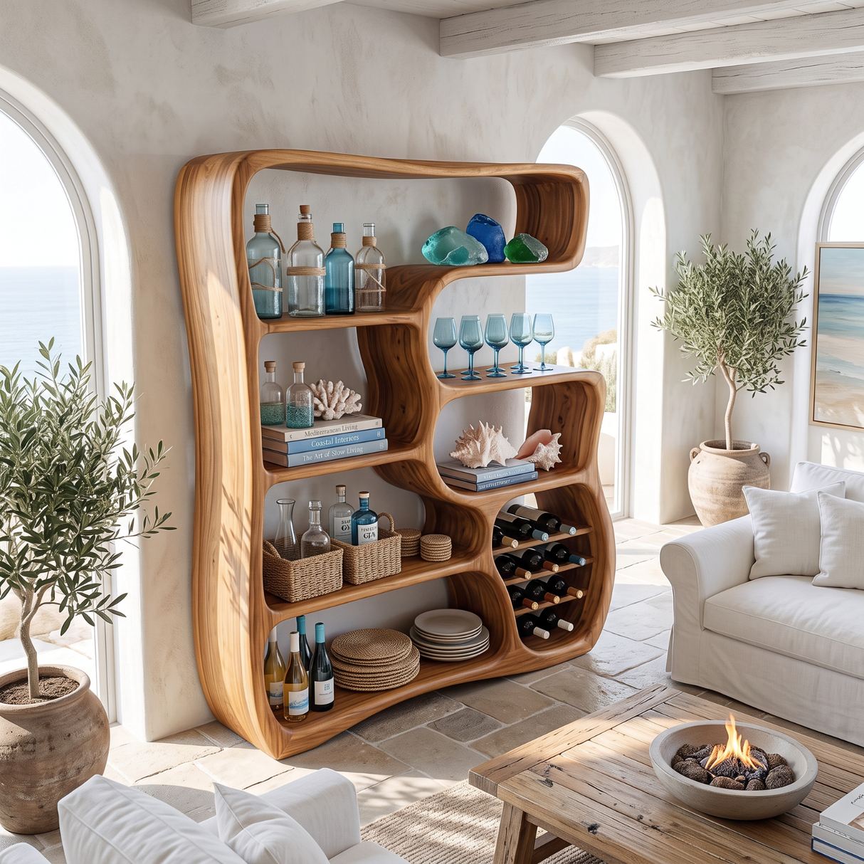 Wine Cabinet Solid Wood with Organic Open Shelves for Living Room Display