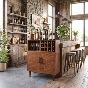 Solid Wood Wine Cabinet with Bottle Grid and Carved Storage Doors