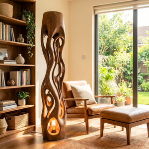 Handcrafted Solid Wood Floor Lamp with Organic Hollow Carved Body