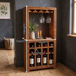 Solid Wood Wine Rack Cabinet with Stemware Holder and Display Shelf