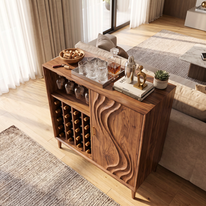 Solid Wood Wine Cabinet with Carved Wave Door for Dining Room