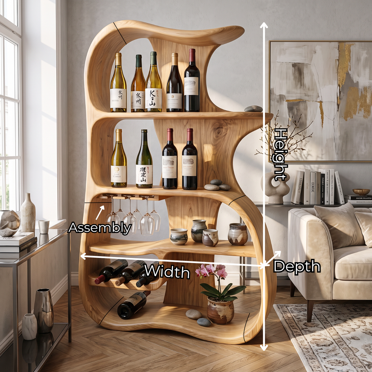 Wine Cabinet Solid Wood Organic Open Shelf Design for Dining Room
