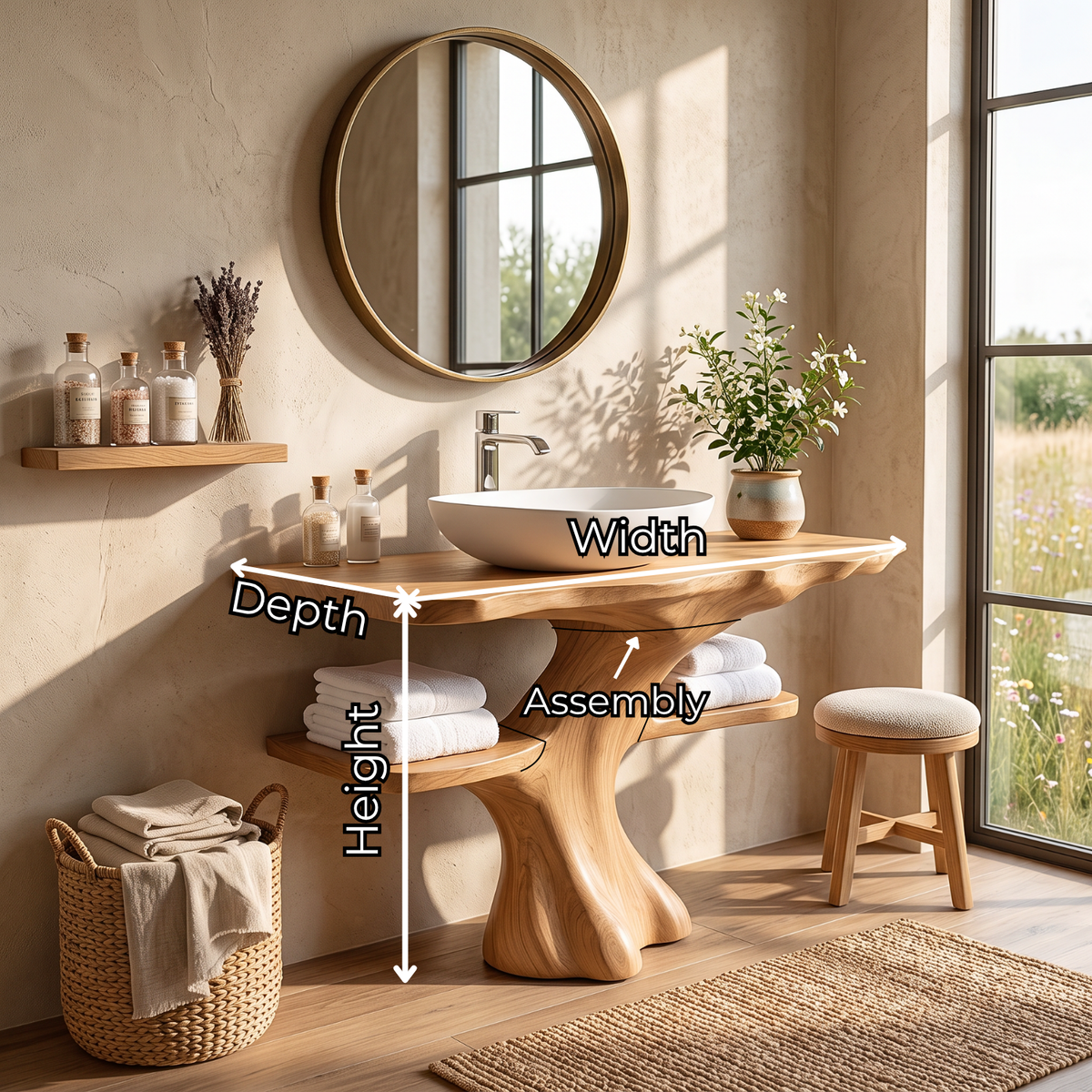 Solid Wood Bathroom Vanity with Sculptural Tree Base and Open Shelves
