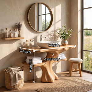Solid Wood Bathroom Vanity with Sculptural Tree Base and Open Shelves